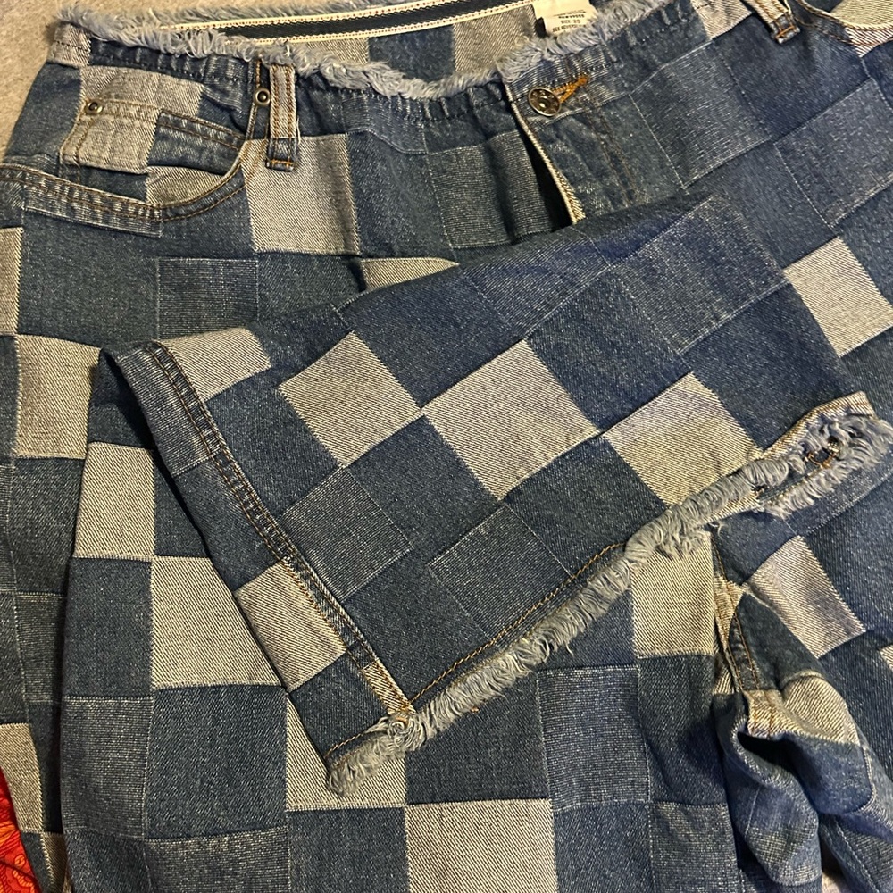 Great 70’s vintage look , Shadesof Blue and Gray Checkered Flare Jeans